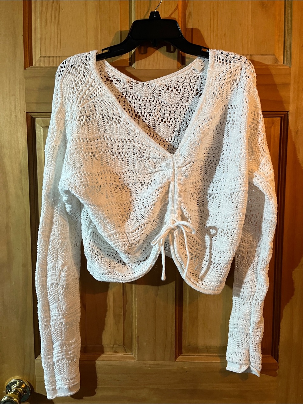 Jessica Simpson White Crochet V-Neck Drawstring Sweater